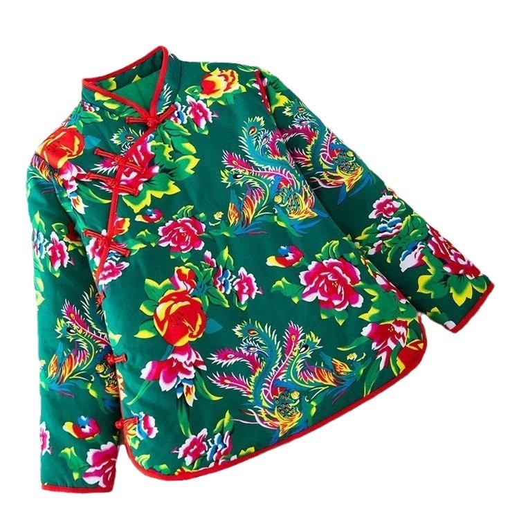 Ženska jakna od poliestera s punilom od svile-pamuka, etnički floralni uzorak, stojeći ovratnik, srednja duljina, opušten kroj