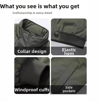 Jachetă bumbac cu umplutură, groasă, stil de lucru japonez, croială lejeră, închidere cu fermoar, exterior poliester, căptușeală poliester, fără glugă, buzunare laterale