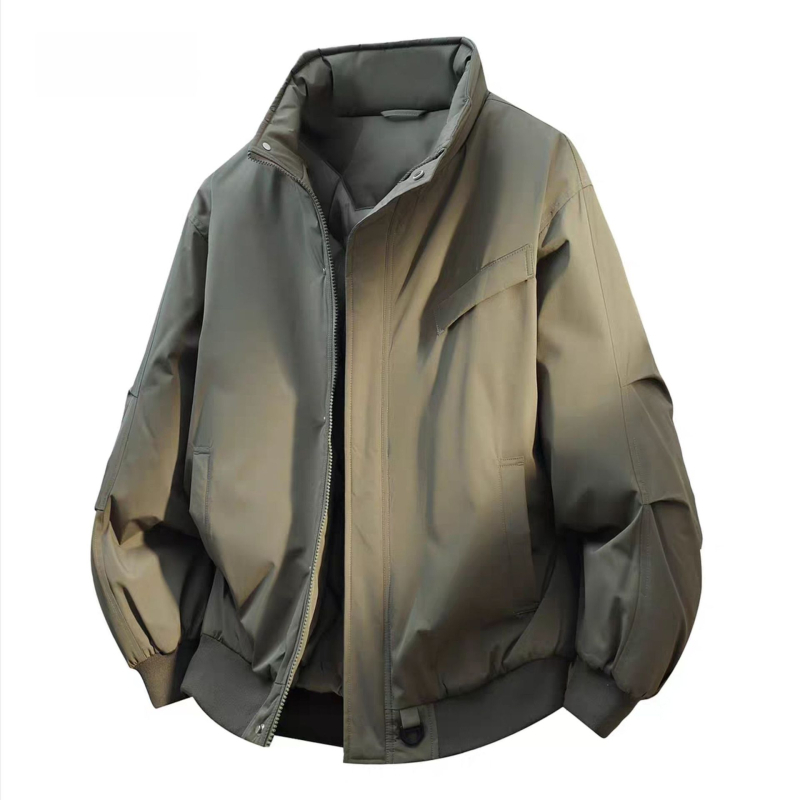 Jachetă bumbac cu umplutură, groasă, stil de lucru japonez, croială lejeră, închidere cu fermoar, exterior poliester, căptușeală poliester, fără glugă, buzunare laterale