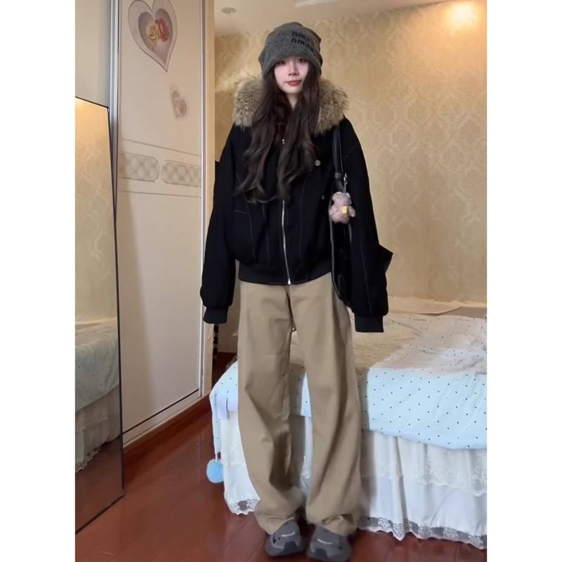 Jachetă din bumbac cu glugă și guler din blană artificială, țesătură din poliester, umplutură din bumbac, fermoar