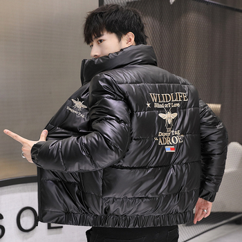 Geacă bărbătească brodată, cu umplutură din mătase-pamuk, fermoar, guler înalt