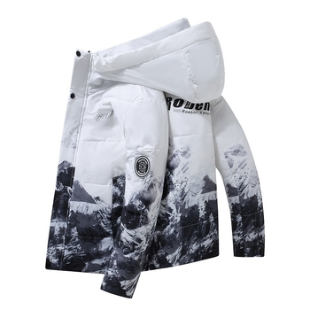 Jachetă bărbătească de iarnă pentru exterior, cu glugă – umplutură: puf de rață alb; țesătură principală: poliester; căptușeală: poliester; grosime: groasă