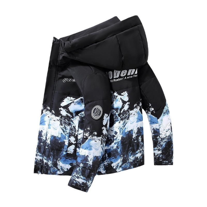 Jachetă bărbătească de iarnă pentru exterior, cu glugă – umplutură: puf de rață alb; țesătură principală: poliester; căptușeală: poliester; grosime: groasă