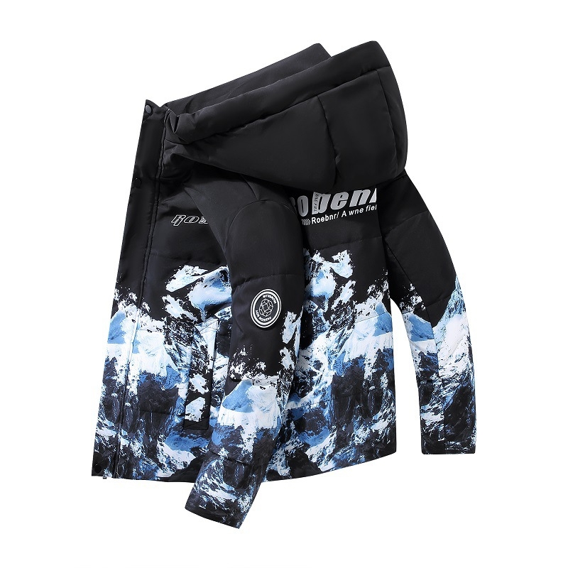 Jachetă bărbătească de iarnă pentru exterior, cu glugă – umplutură: puf de rață alb; țesătură principală: poliester; căptușeală: poliester; grosime: groasă