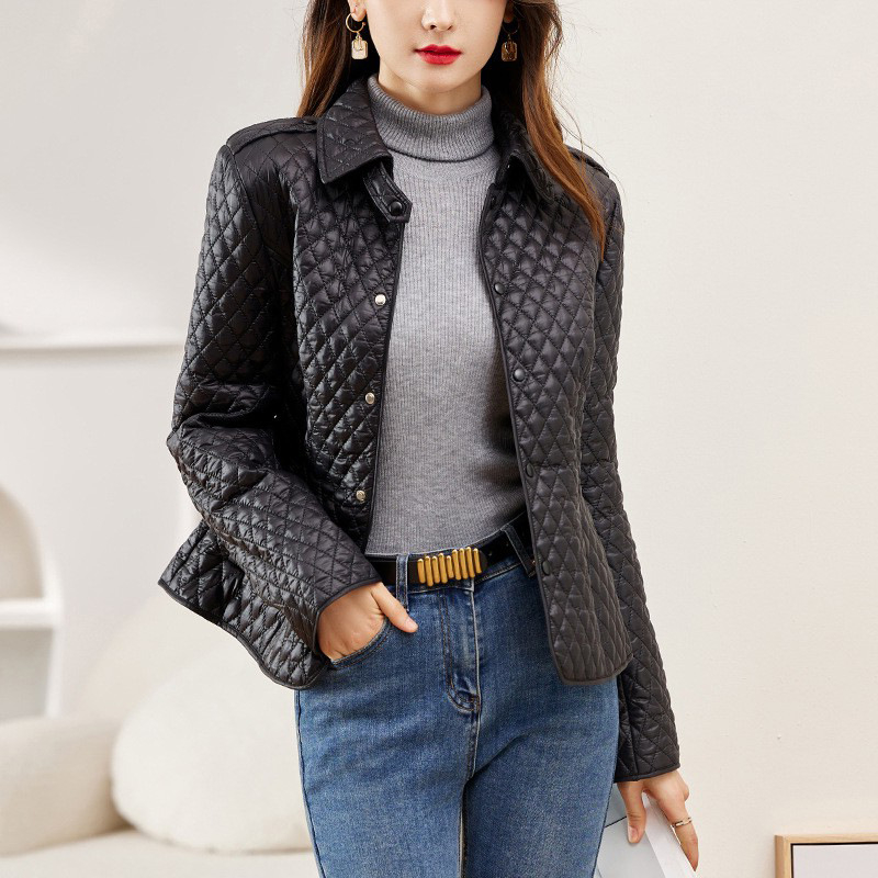 Jachetă scurtă pentru femei, umplutură din bumbac-puf, țesătură poliester, model quilt diamant, guler rever, nasturi ascunși, iarnă 2025