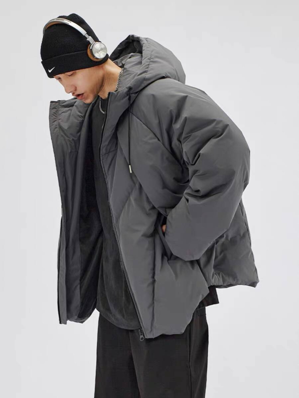 Jachetă bărbătească cu glugă pentru iarnă – croială lejeră, fermoar, umplutură din bumbac, căptușeală din poliester, buzunare laterale