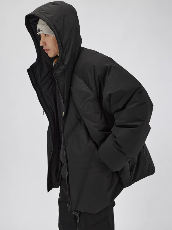 Jachetă bărbătească cu glugă pentru iarnă – croială lejeră, fermoar, umplutură din bumbac, căptușeală din poliester, buzunare laterale