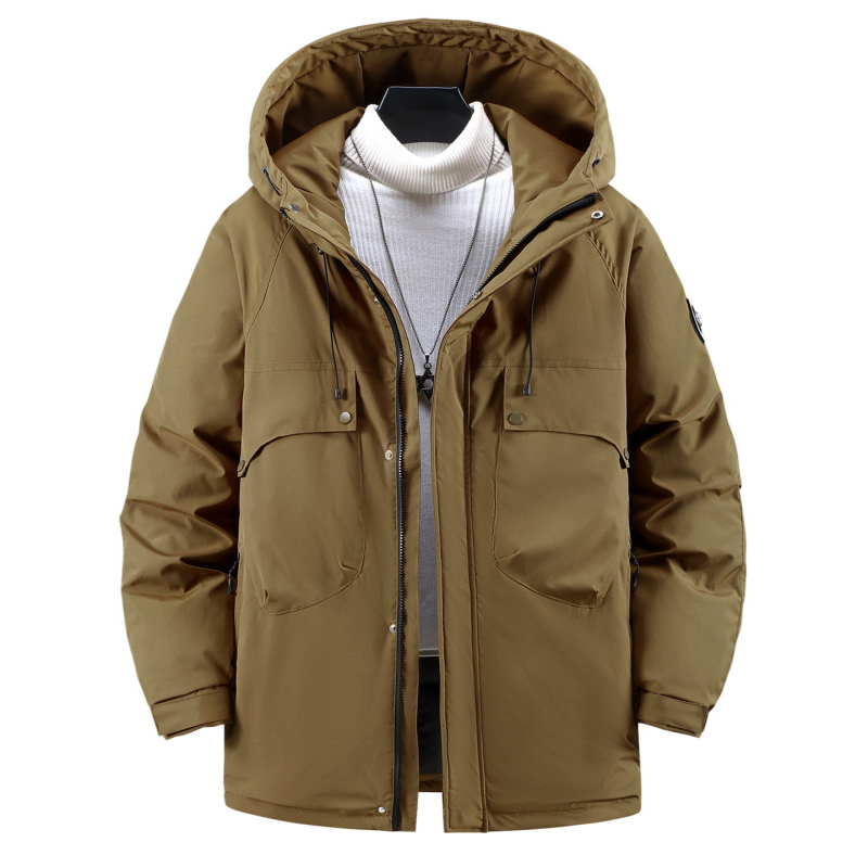Geacă masculină de iarnă cu umplutură de bumbac, glugă, fermoar, izolație groasă, buzunare cu fermoar