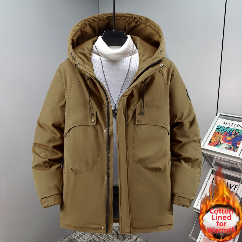 Geacă masculină de iarnă cu umplutură de bumbac, glugă, fermoar, izolație groasă, buzunare cu fermoar
