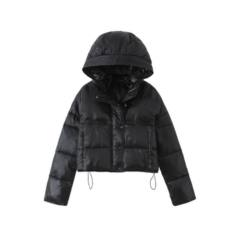 Palton din bumbac căptușit pentru femei, gros, cu glugă, fermoar frontal, tiv elastic cu șnur, lungime scurtă