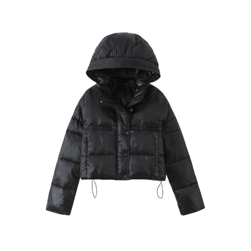 Palton din bumbac căptușit pentru femei, gros, cu glugă, fermoar frontal, tiv elastic cu șnur, lungime scurtă