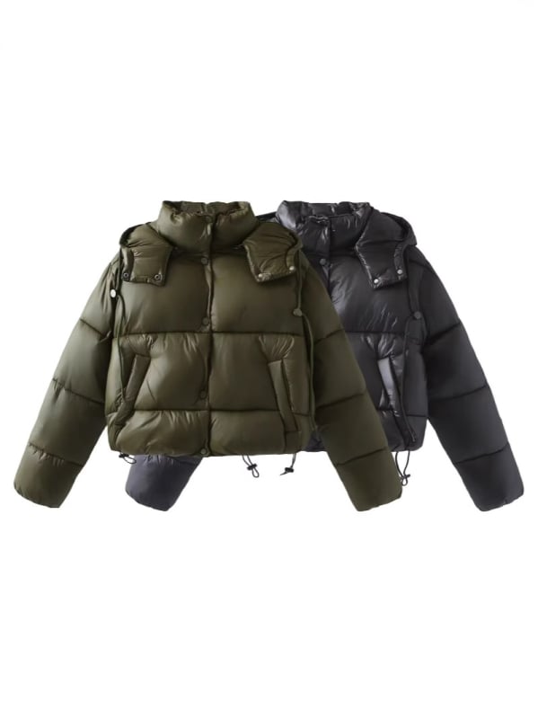 Ženska jakna s punilom od poliester-pamuk, kapuljača, srednja duljina 50–65 cm, prednji zip, zima 2024