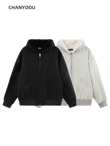 Geacă bărbătească din bumbac cu căptușeală fleece, cu glugă, croială largă, fermoar, iarnă