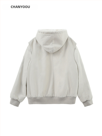 Geacă bărbătească din bumbac cu căptușeală fleece, cu glugă, croială largă, fermoar, iarnă