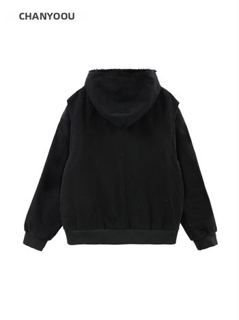 Geacă bărbătească din bumbac cu căptușeală fleece, cu glugă, croială largă, fermoar, iarnă