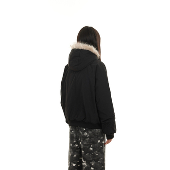 Jachetă scurtă din bumbac cu glugă, căptușită cu fleece, fermoar frontal, croială lejeră, Vinylon țesătură