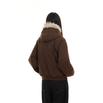 Jachetă scurtă din bumbac cu glugă, căptușită cu fleece, fermoar frontal, croială lejeră, Vinylon țesătură