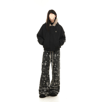 Jachetă scurtă din bumbac cu glugă, căptușită cu fleece, fermoar frontal, croială lejeră, Vinylon țesătură