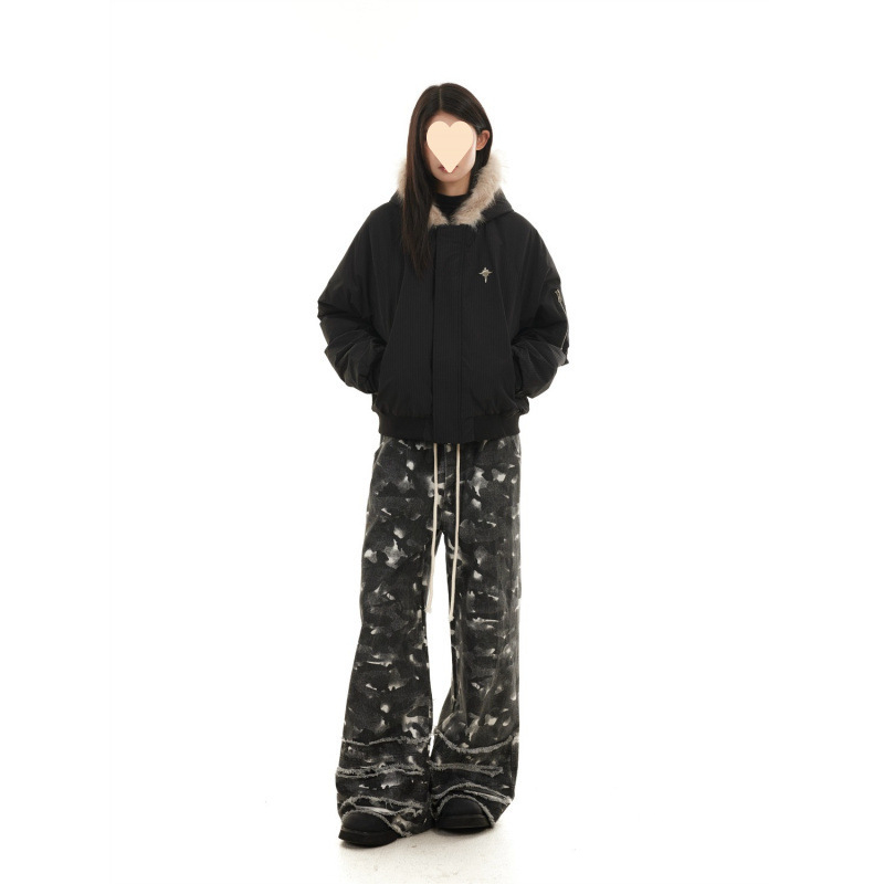 Jachetă scurtă din bumbac cu glugă, căptușită cu fleece, fermoar frontal, croială lejeră, Vinylon țesătură