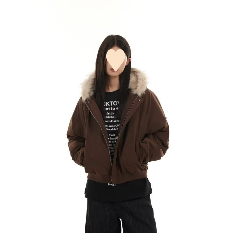 Jachetă scurtă din bumbac cu glugă, căptușită cu fleece, fermoar frontal, croială lejeră, Vinylon țesătură