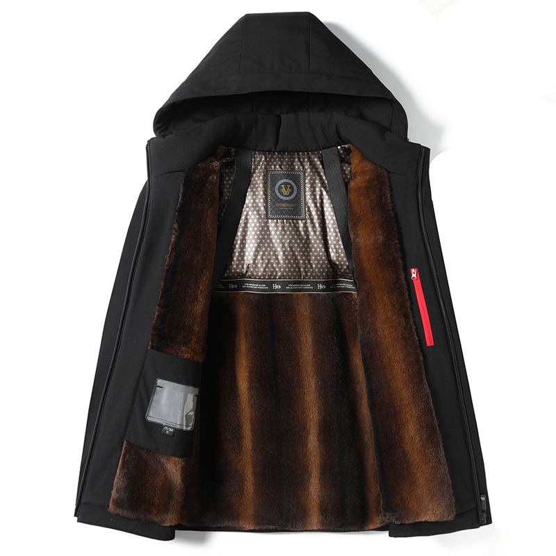 Palton bărbătesc cu glugă, călduros, cu umplutură poliester, lungime medie, guler înalt, fermoar, buzunare laterale