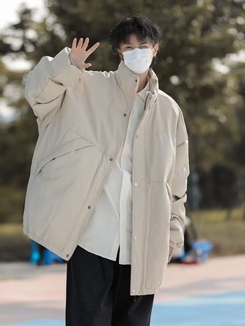 Jachetă bărbați din piele PU cu umplutură din poliester, iarnă, croială lejeră, guler înalt, fermoar, buzunare laterale, lungime 50–65 cm