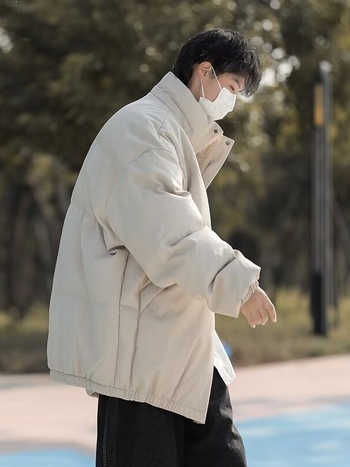 Jachetă bărbați din piele PU cu umplutură din poliester, iarnă, croială lejeră, guler înalt, fermoar, buzunare laterale, lungime 50–65 cm