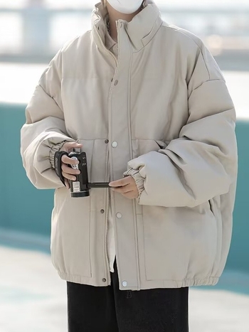 Jachetă bărbați din piele PU cu umplutură din poliester, iarnă, croială lejeră, guler înalt, fermoar, buzunare laterale, lungime 50–65 cm