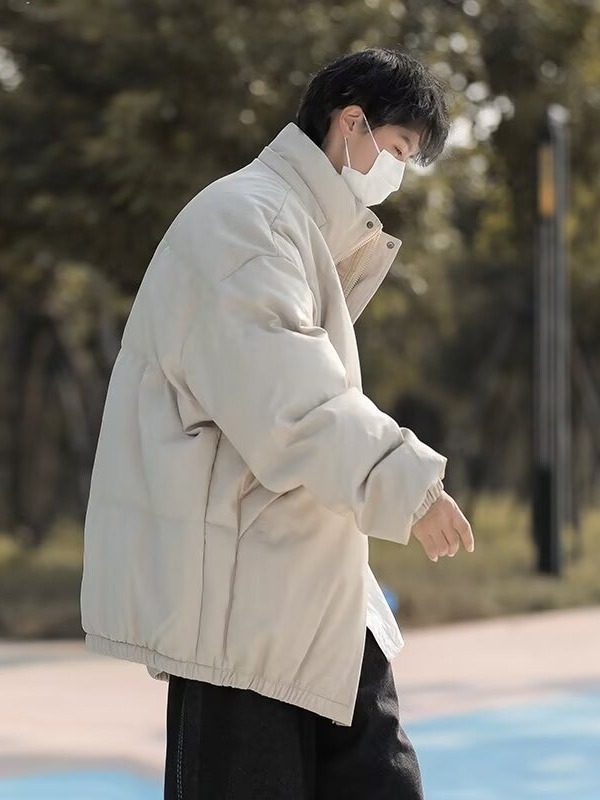 Jachetă bărbați din piele PU cu umplutură din poliester, iarnă, croială lejeră, guler înalt, fermoar, buzunare laterale, lungime 50–65 cm