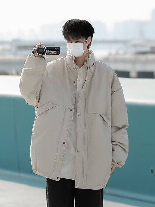 Jachetă bărbați din piele PU cu umplutură din poliester, iarnă, croială lejeră, guler înalt, fermoar, buzunare laterale, lungime 50–65 cm