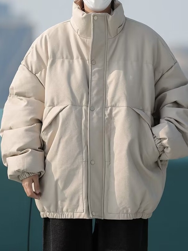 Jachetă bărbați din piele PU cu umplutură din poliester, iarnă, croială lejeră, guler înalt, fermoar, buzunare laterale, lungime 50–65 cm