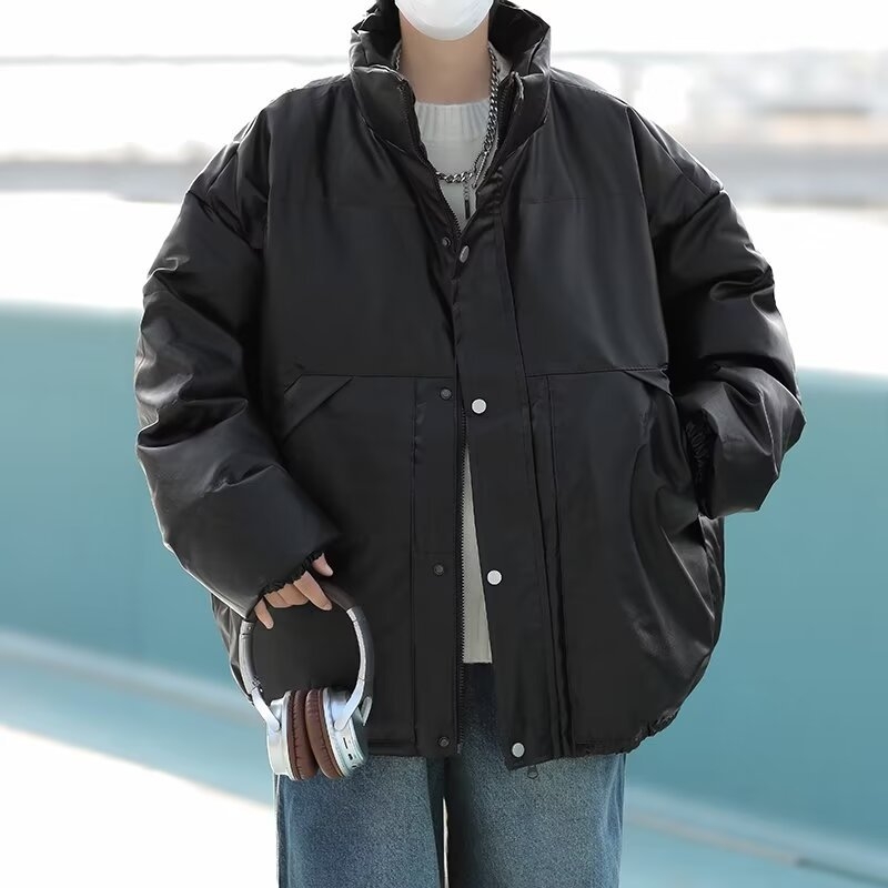 Jachetă bărbați din piele PU cu umplutură din poliester, iarnă, croială lejeră, guler înalt, fermoar, buzunare laterale, lungime 50–65 cm