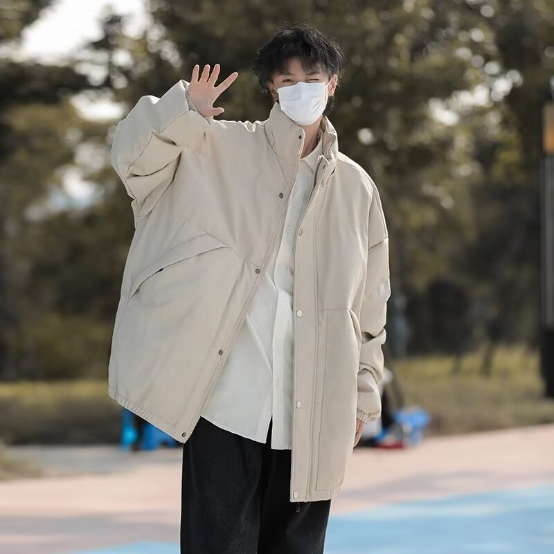 Jachetă bărbați din piele PU cu umplutură din poliester, iarnă, croială lejeră, guler înalt, fermoar, buzunare laterale, lungime 50–65 cm