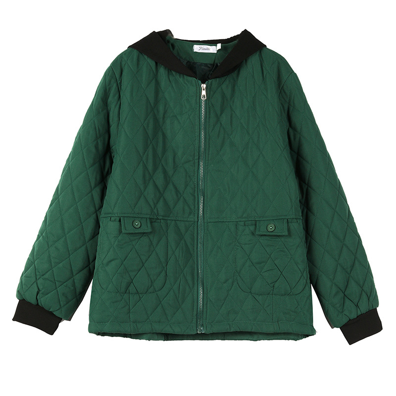 Palton din bumbac cu glugă pentru femei, croială slim, lungime medie (50–65 cm), umplutură din bumbac 81–90%, fermoar frontal