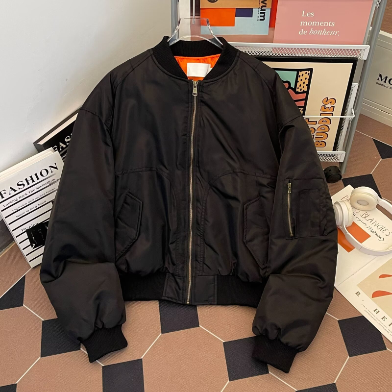 Jachetă din bumbac cu umplutură, stil coreean, croială lejeră, fermoar frontal, culoare solidă, groasă pentru iarnă, cu mai multe buzunare