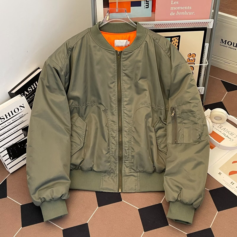 Jachetă din bumbac cu umplutură, stil coreean, croială lejeră, fermoar frontal, culoare solidă, groasă pentru iarnă, cu mai multe buzunare