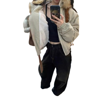 Palton căptușit din bumbac, cu glugă și guler din blană, gros, croială lejeră, fermoar