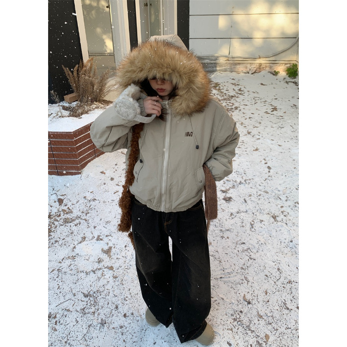 Palton căptușit din bumbac, cu glugă și guler din blană, gros, croială lejeră, fermoar