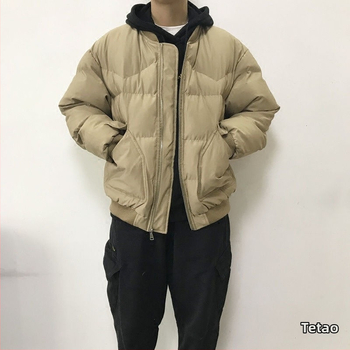 Palton bărbătesc din bumbac cu umplutură - glugă, căptușeală fleece, fermoar frontal, croială lejeră, stil coreean