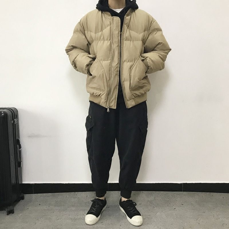 Palton bărbătesc din bumbac cu umplutură - glugă, căptușeală fleece, fermoar frontal, croială lejeră, stil coreean