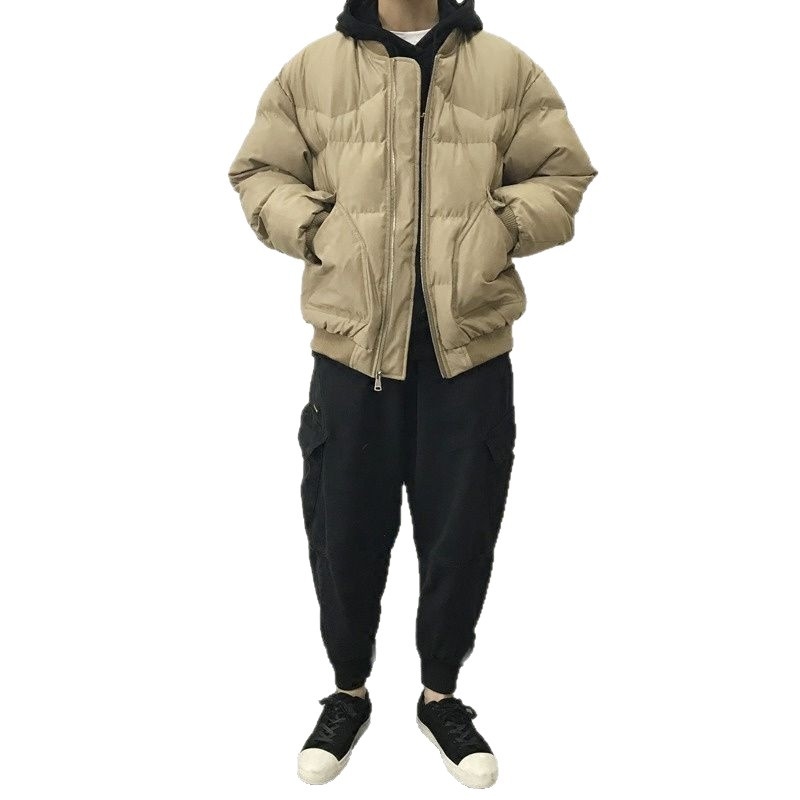 Palton bărbătesc din bumbac cu umplutură - glugă, căptușeală fleece, fermoar frontal, croială lejeră, stil coreean