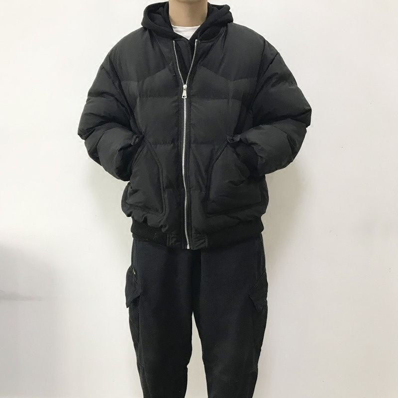 Palton bărbătesc din bumbac cu umplutură - glugă, căptușeală fleece, fermoar frontal, croială lejeră, stil coreean