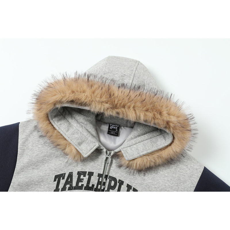 Geacă din bumbac cu glugă, croială lejeră, guler de blană detașabil, design din panouri, fermoar, umplutură poliester, iarnă 2025