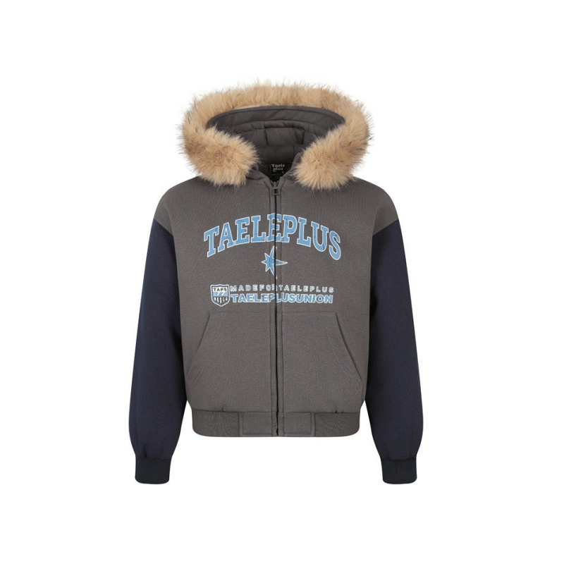 Geacă din bumbac cu glugă, croială lejeră, guler de blană detașabil, design din panouri, fermoar, umplutură poliester, iarnă 2025