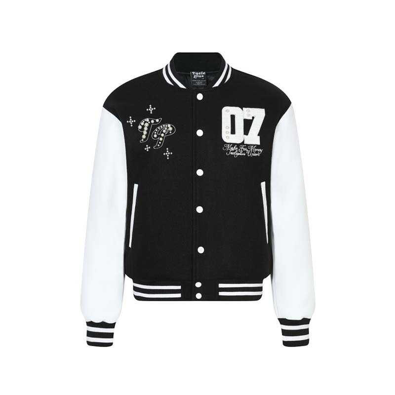 Jachetă din bumbac cu căptușeală, în stil High Street American, design color-block cu aplicații perlate, fermoar, croială largă, pentru iarnă