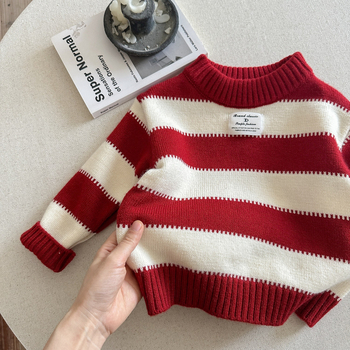 Pulover tricotat pentru copii, în dungi, gros, 90% bumbac, guler rotund, mâneci lungi
