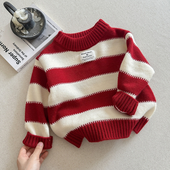 Pulover tricotat pentru copii, în dungi, gros, 90% bumbac, guler rotund, mâneci lungi