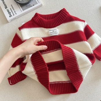 Pulover tricotat pentru copii, în dungi, gros, 90% bumbac, guler rotund, mâneci lungi