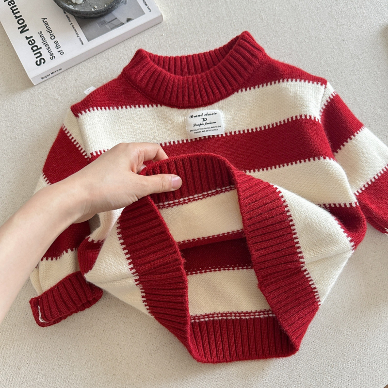 Pulover tricotat pentru copii, în dungi, gros, 90% bumbac, guler rotund, mâneci lungi