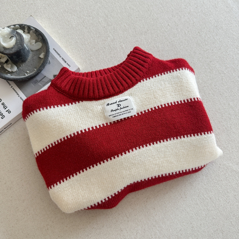 Pulover tricotat pentru copii, în dungi, gros, 90% bumbac, guler rotund, mâneci lungi